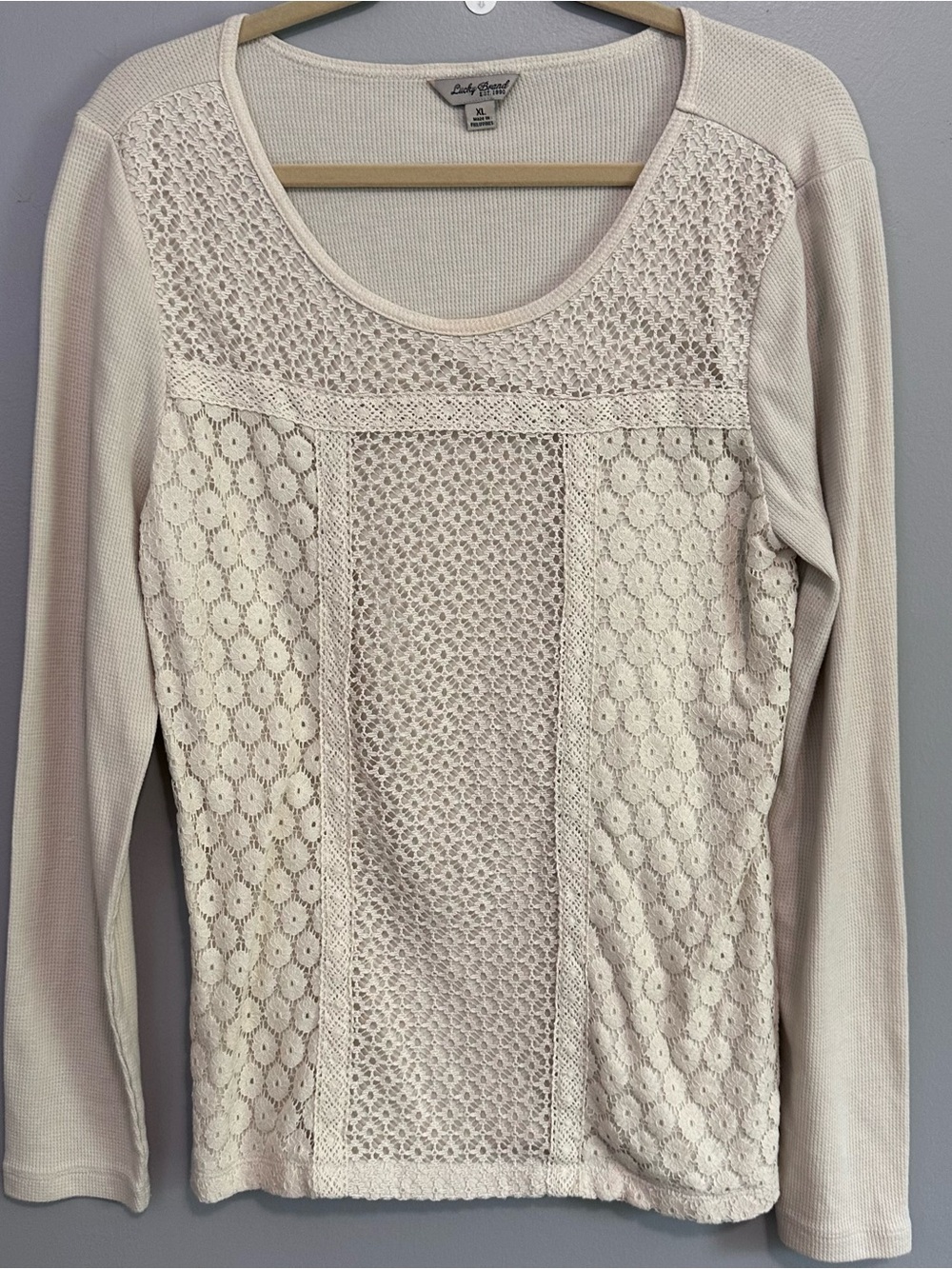 Lucky Brand Women’s XL Ivory Lace Waffle Knit Long Sleeve Top Boho Crochet